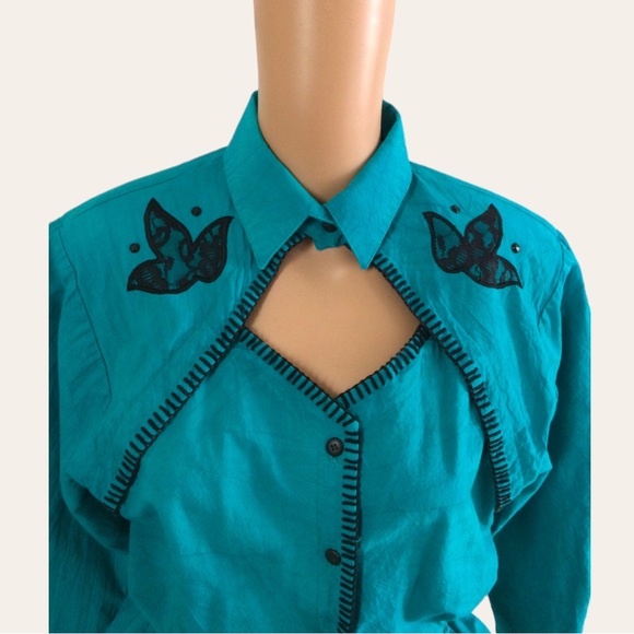 Vintage 80s Cotton Country Western Dress Choker Neck XS - Picture 3 of 4